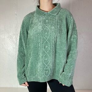 Vintage 80s Chenille Cable Knit Collared Teal Sweater